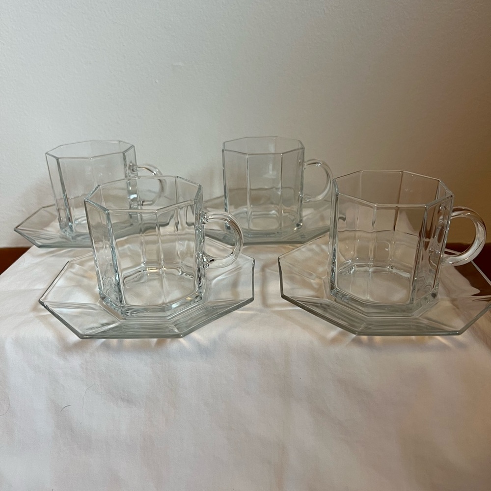 Arcoroc France Octime Glass Octagon Cups And Saucers, Set Of Four (4) Vintage